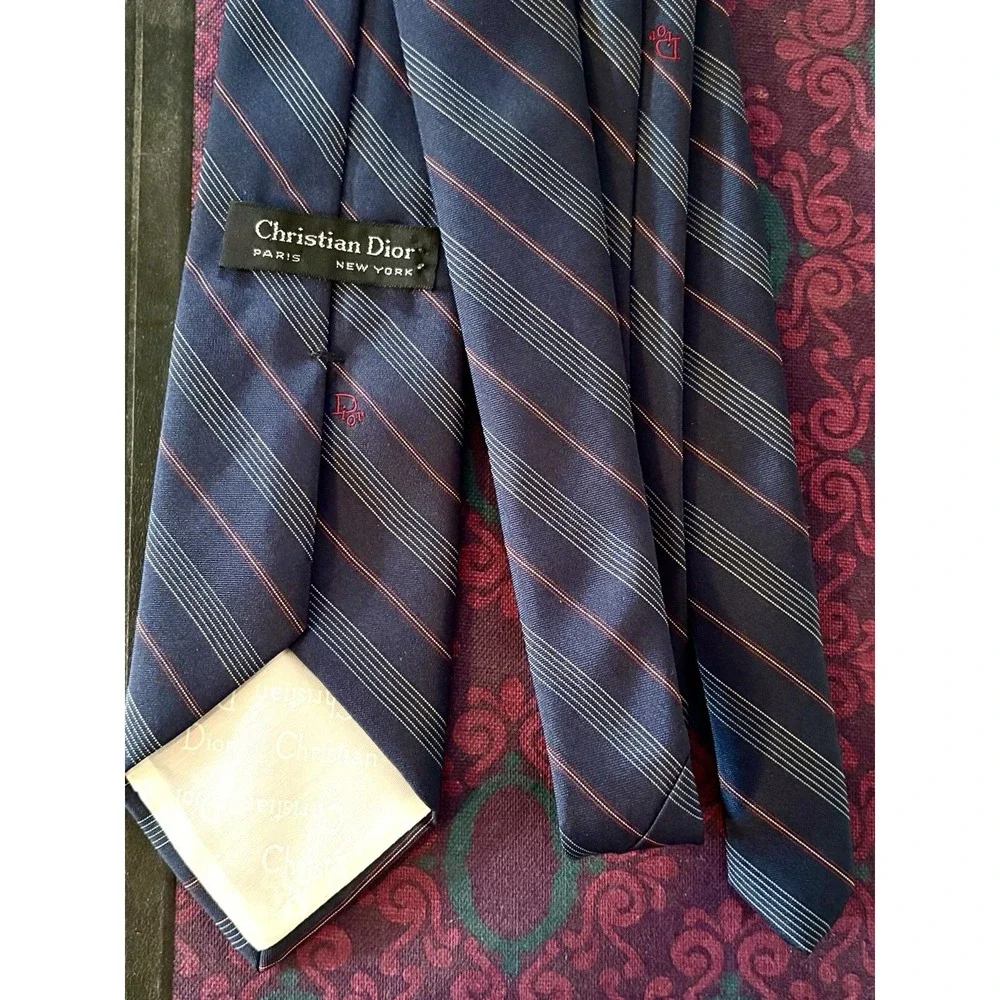 Vintage Dior Paris New York Silk Necktie Navy Red White Stripe Logo Tie